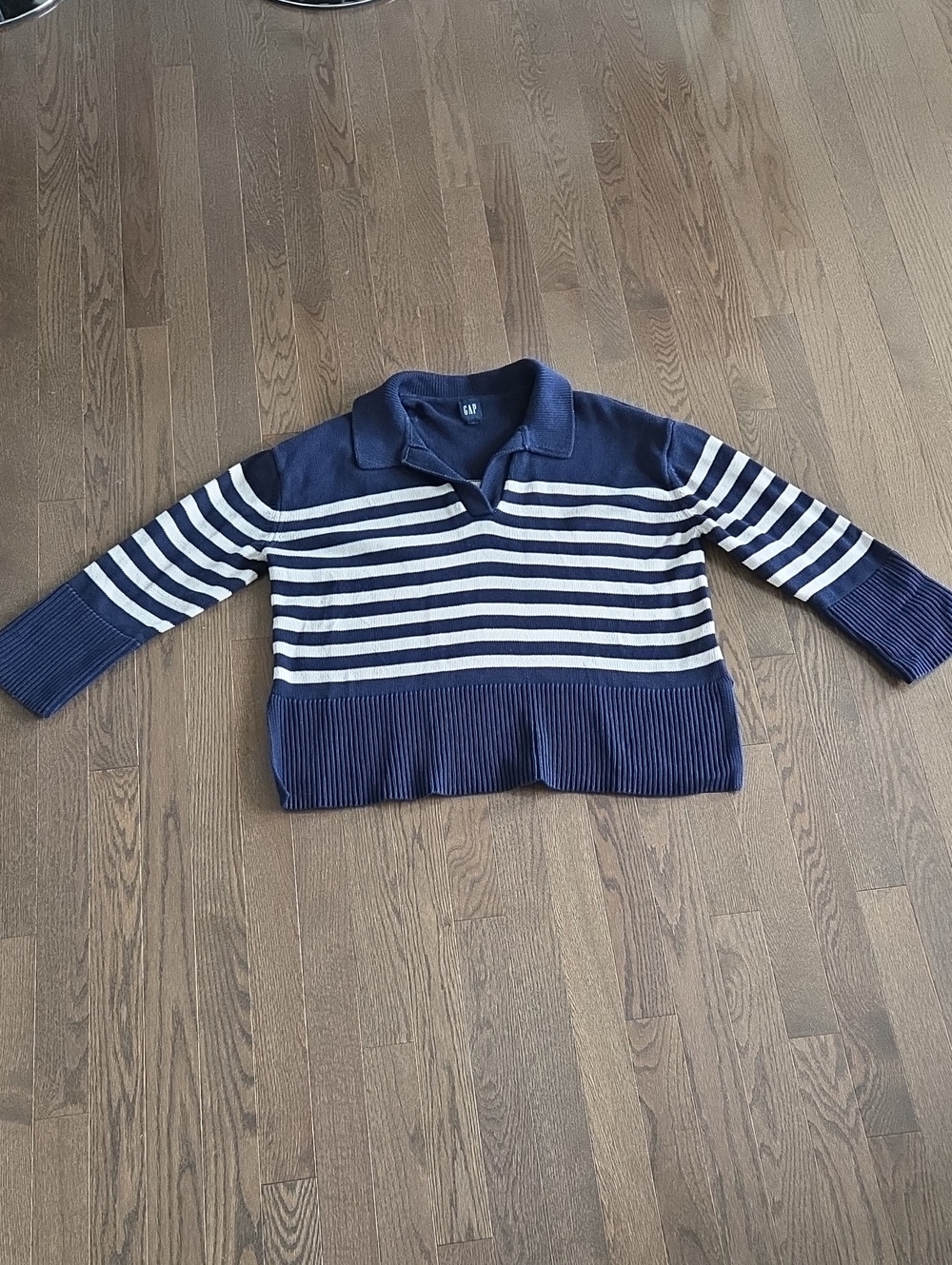 GAP Navy and White Striped V-Neck Polo Sweater